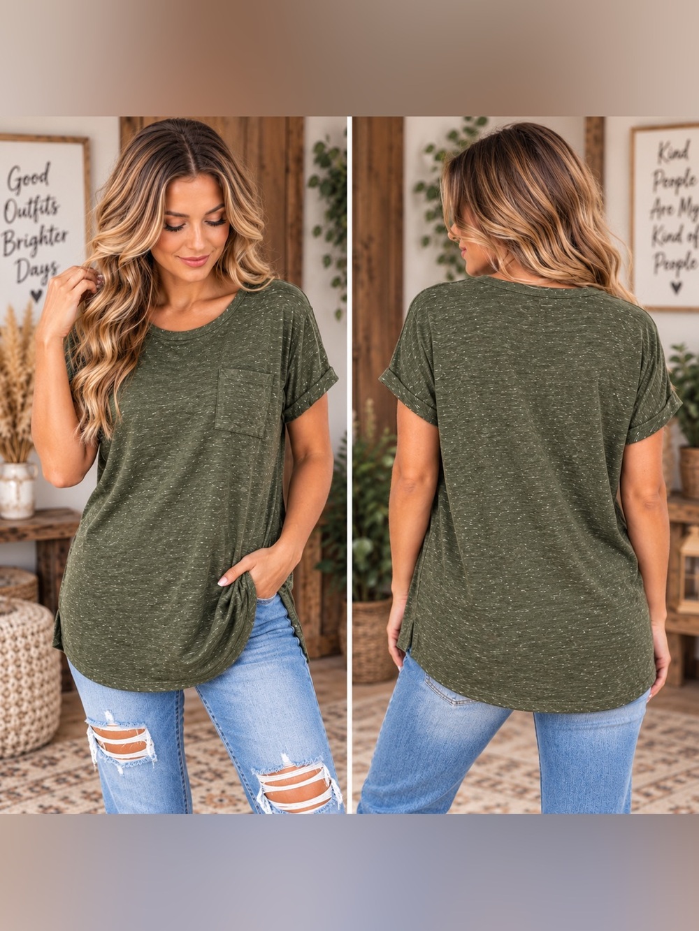 Women's Short Sleeve Pocket Tee - Dark Olive Green